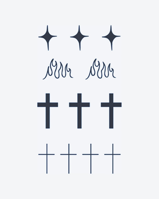 Mix Minis semi-permanent tattoo design by INKY – Fine Line, Starburst, Cross, Crosses, Flame illustration, 3 x 4 in (7x10 cm), available at inkytatt.com