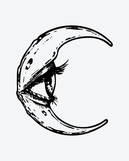 Luna Eye semi-permanent tattoo design by INKY – Crescent Moon, Eye, Hand illustration, 3 x 3 in (7x7 cm), available at inkytatt.com