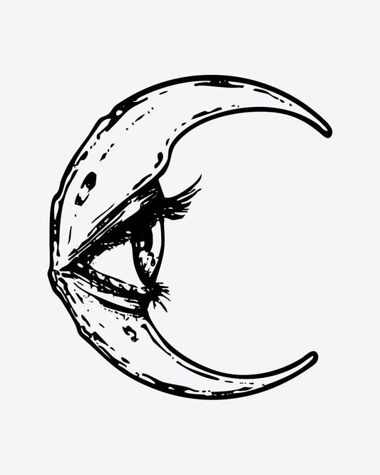 Luna Eye semi-permanent tattoo design by INKY – Crescent Moon, Eye, Hand illustration, 3 x 3 in (7x7 cm), available at inkytatt.com