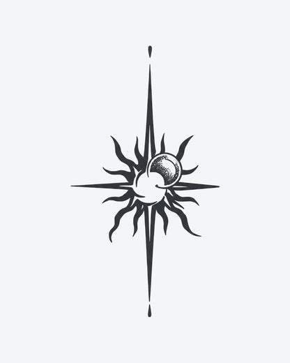 Soluna semi-permanent tattoo design by INKY – Crescent Moon, Fine Line, Sun, Star, Compass illustration, 2 x 4 in (6x10 cm), available at inkytatt.com