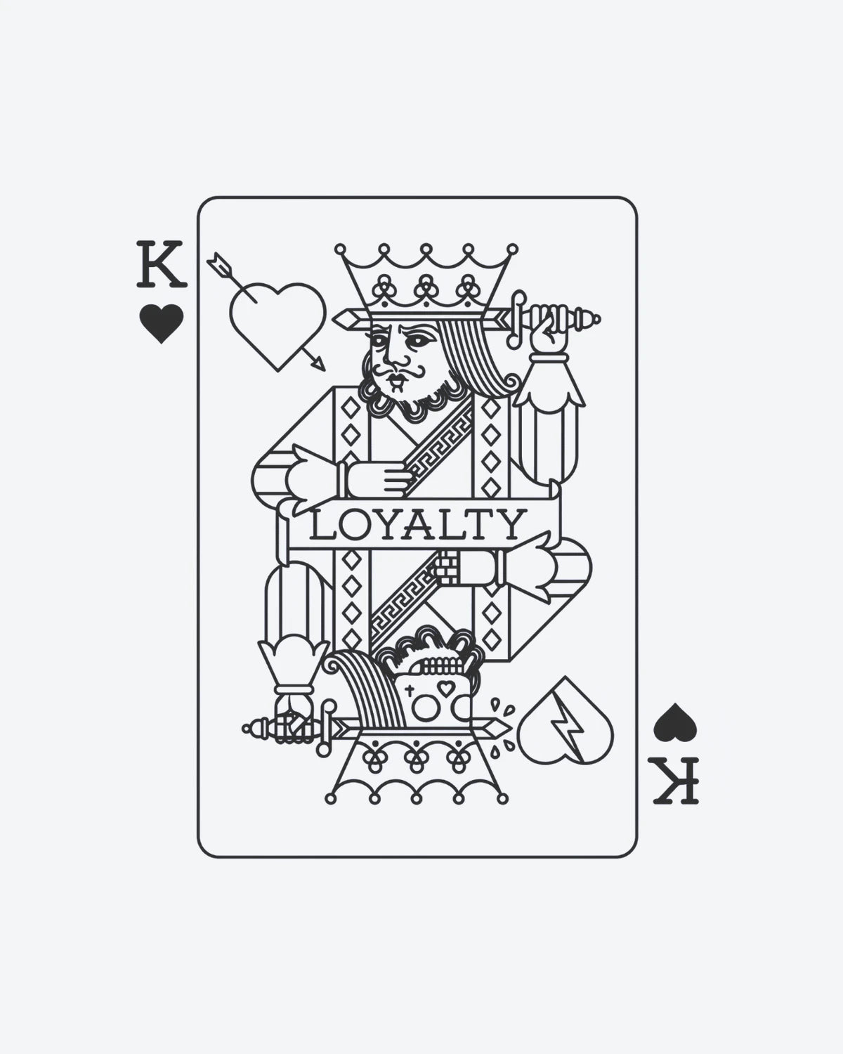 Loyalty King semi-permanent tattoo design by INKY – Line Art, Heart, Arrow, Crown, Sword illustration, 3 x 4 in (7x10 cm), available at inkytatt.com