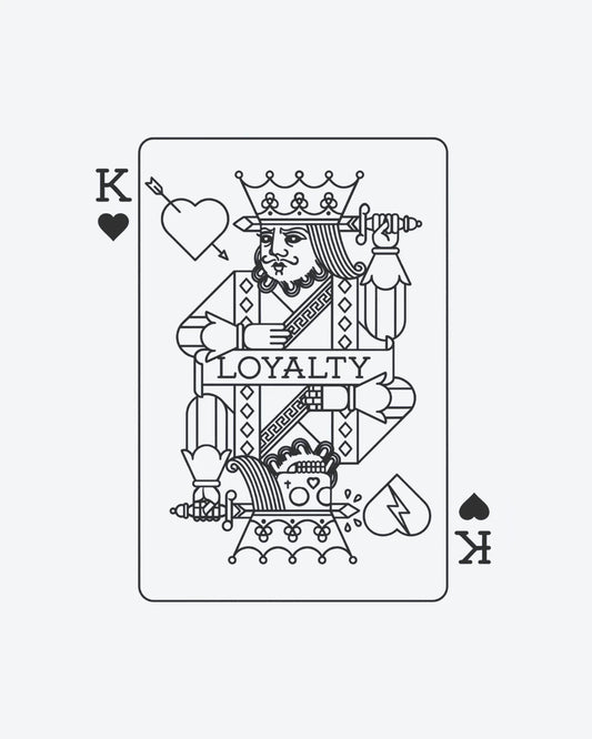 Loyalty King semi-permanent tattoo design by INKY – Line Art, Heart, Arrow, Crown, Sword illustration, 3 x 4 in (7x10 cm), available at inkytatt.com