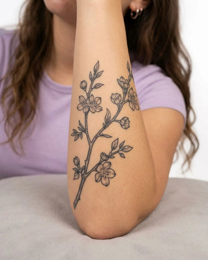INKY Flower Stem semi-permanent tattoo applied on a woman – 4 x 7 in (10x17 cm) design, realistic ink look, lasts 10 days