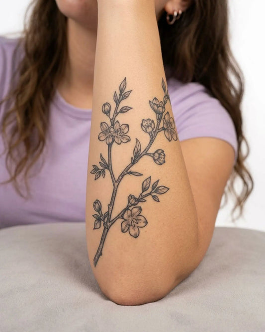 INKY Flower Stem semi-permanent tattoo applied on a woman – 4 x 7 in (10x17 cm) design, realistic ink look, lasts 10 days