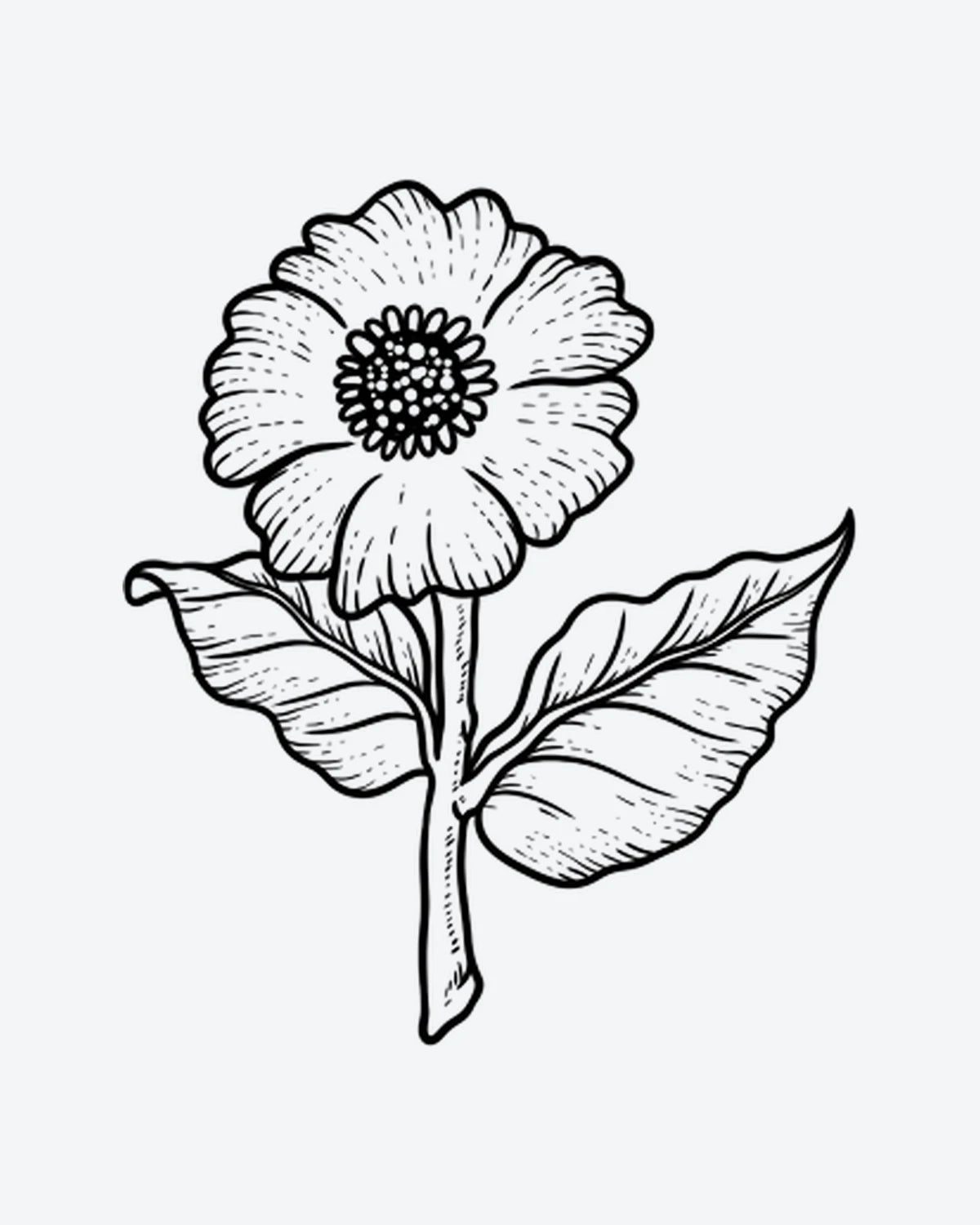 Bloom Art 2 semi-permanent tattoo design by INKY – Fine Line, Leaves, Petal, Bloom, Stem illustration, 2 x 2 in (4x4 cm), available at inkytatt.com