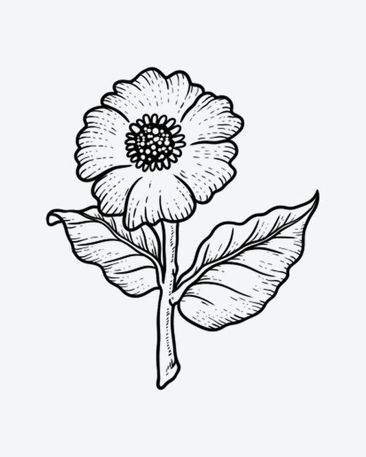 Bloom Art 2 semi-permanent tattoo design by INKY – Fine Line, Leaves, Petal, Bloom, Stem illustration, 2 x 2 in (4x4 cm), available at inkytatt.com