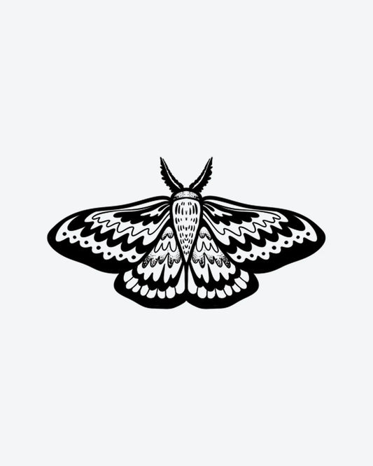 Moon Moth semi-permanent tattoo design by INKY – Dots, Lines, Pattern, Moth illustration, 3 x 4 in (7x10 cm), available at inkytatt.com