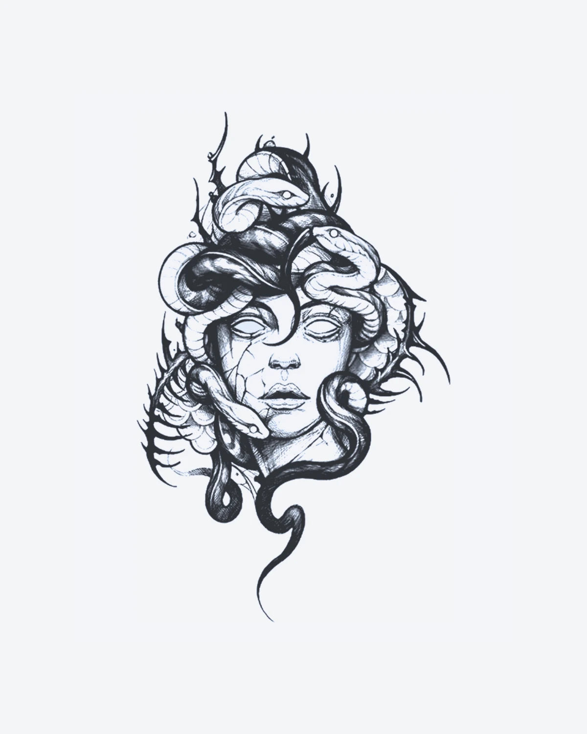 Medusa Art 2 semi-permanent tattoo design by INKY – Snake, Eye, Face, Statue illustration, 3 x 4 in (7x10 cm), available at inkytatt.com