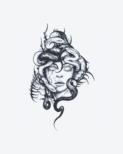 Medusa Art 2 semi-permanent tattoo design by INKY – Snake, Eye, Face, Statue illustration, 3 x 4 in (7x10 cm), available at inkytatt.com