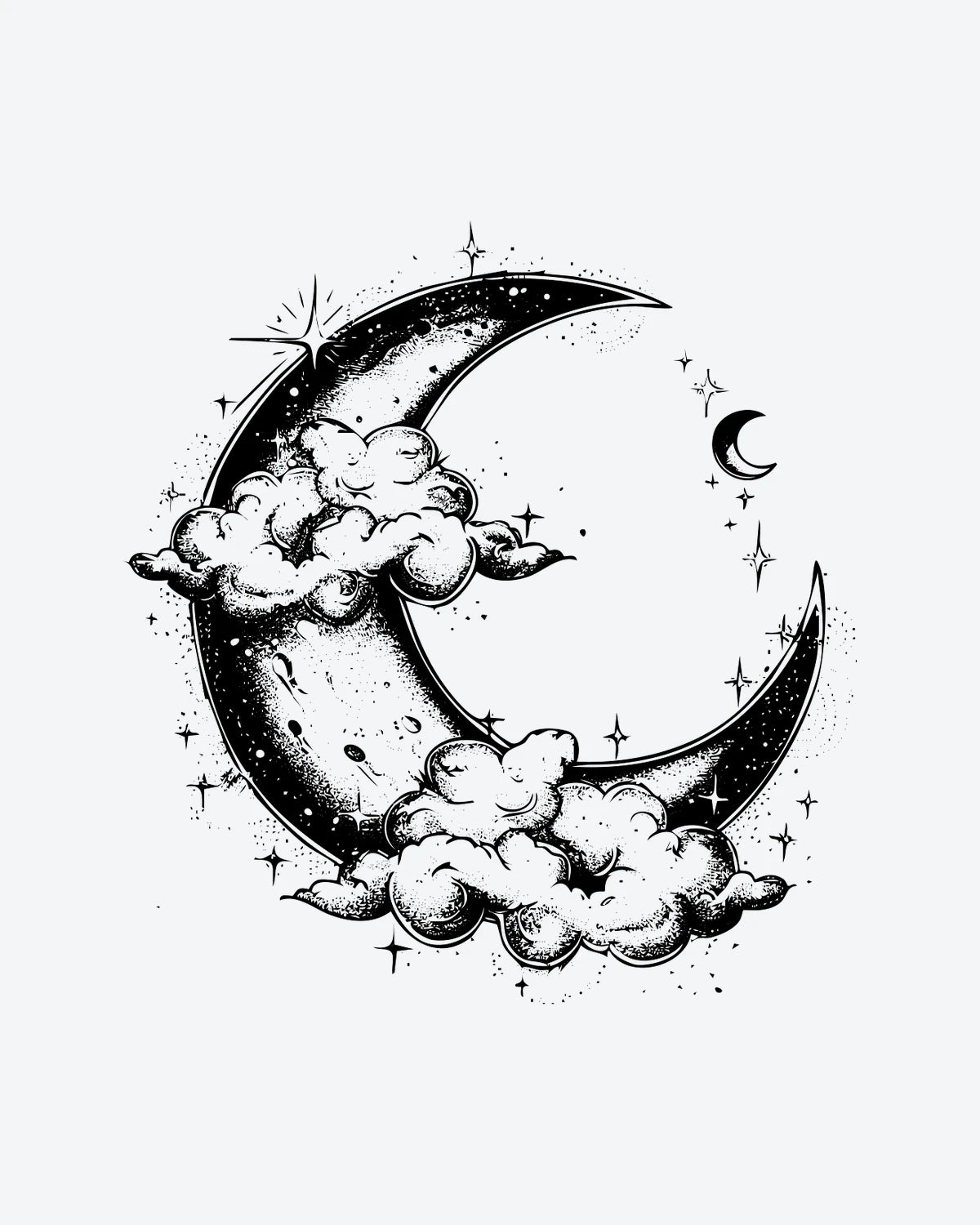 Dreamy Moon semi-permanent tattoo design by INKY – Crescent Moon, Star, Dotwork, Cloud illustration, 3 x 3 in (7x7 cm), available at inkytatt.com