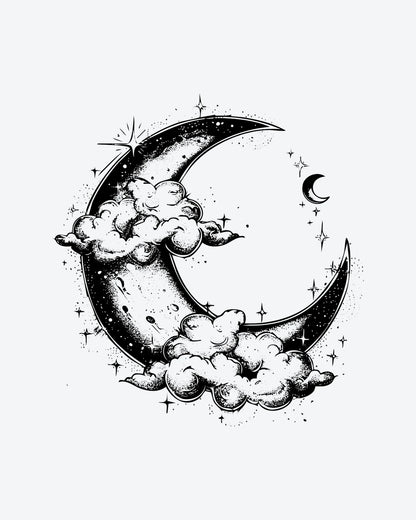 Dreamy Moon semi-permanent tattoo design by INKY – Crescent Moon, Star, Dotwork, Cloud illustration, 3 x 3 in (7x7 cm), available at inkytatt.com