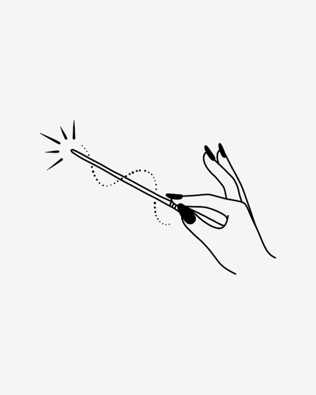 Magic Hand semi-permanent tattoo design by INKY – Fine Line, Hand, Wand illustration, 2 x 2 in (4x4 cm), available at inkytatt.com