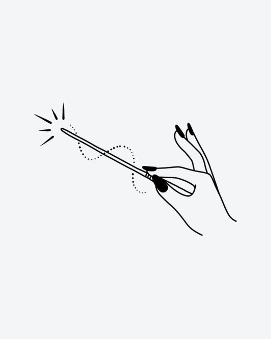 Magic Hand semi-permanent tattoo design by INKY – Fine Line, Hand, Wand illustration, 2 x 2 in (4x4 cm), available at inkytatt.com