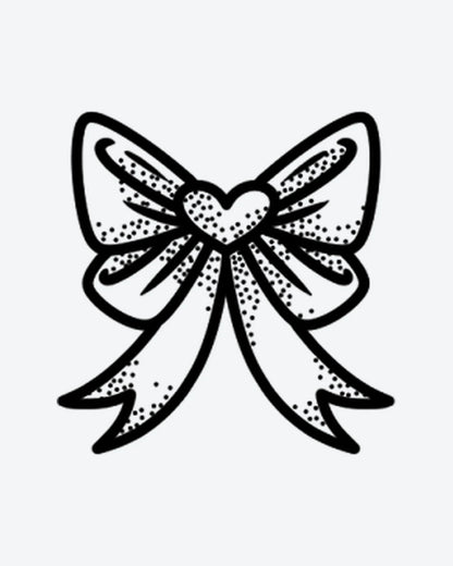 Heart Bow semi-permanent tattoo design by INKY – Heart, Ribbon, Bow, Dotwork illustration, 2 x 2 in (4x4 cm), available at inkytatt.com