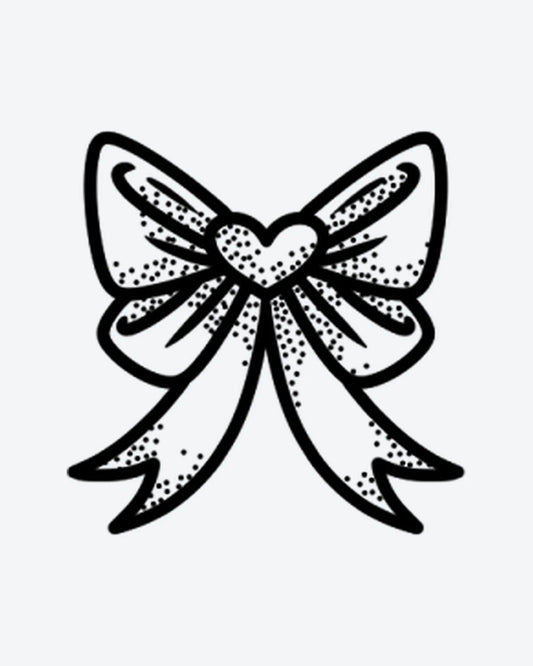 Heart Bow semi-permanent tattoo design by INKY – Heart, Ribbon, Bow, Dotwork illustration, 2 x 2 in (4x4 cm), available at inkytatt.com