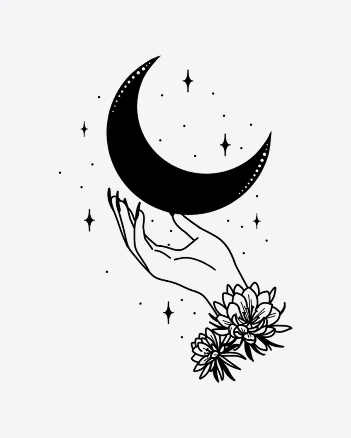 Lunar Hand semi-permanent tattoo design by INKY – Crescent Moon, Fine Line, Star, Dots, Hand illustration, 2 x 4 in (6x10 cm), available at inkytatt.com