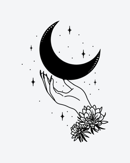 Lunar Hand semi-permanent tattoo design by INKY – Crescent Moon, Fine Line, Star, Dots, Hand illustration, 2 x 4 in (6x10 cm), available at inkytatt.com