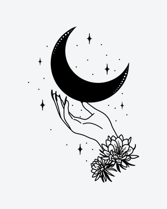 Lunar Hand semi-permanent tattoo design by INKY – Crescent Moon, Fine Line, Star, Dots, Hand illustration, 2 x 4 in (6x10 cm), available at inkytatt.com