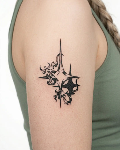 INKY Dark Star semi-permanent tattoo applied on a woman – 3 x 4 in (7x10 cm) design, realistic ink look, lasts 10 days