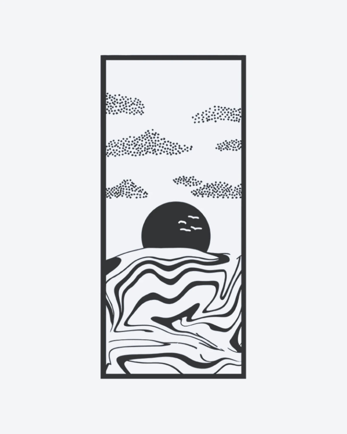 Horizon Flow semi-permanent tattoo design by INKY – Wave, Sun, Moon, Bird, Lines illustration, 2 x 4 in (6x10 cm), available at inkytatt.com
