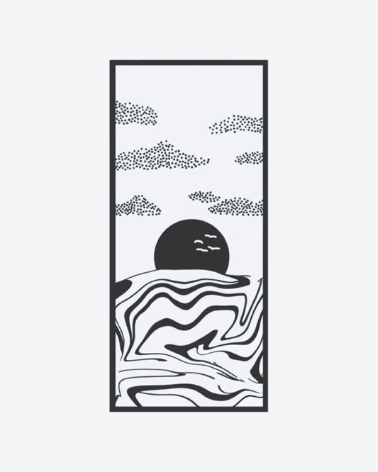 Horizon Flow semi-permanent tattoo design by INKY – Wave, Sun, Moon, Bird, Lines illustration, 2 x 4 in (6x10 cm), available at inkytatt.com