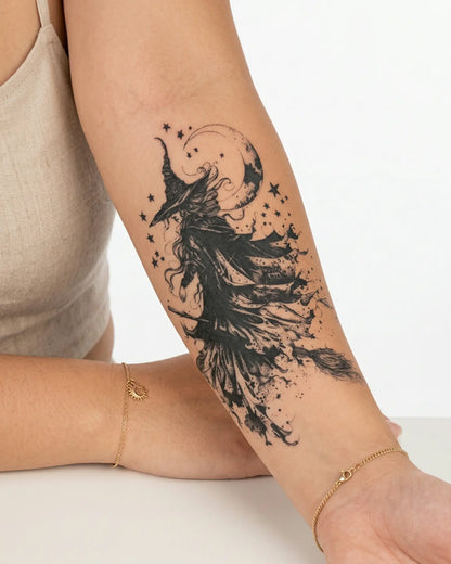 INKY Moon Witch semi-permanent tattoo applied on a woman – 4 x 7 in (10x17 cm) design, realistic ink look, lasts 10 days