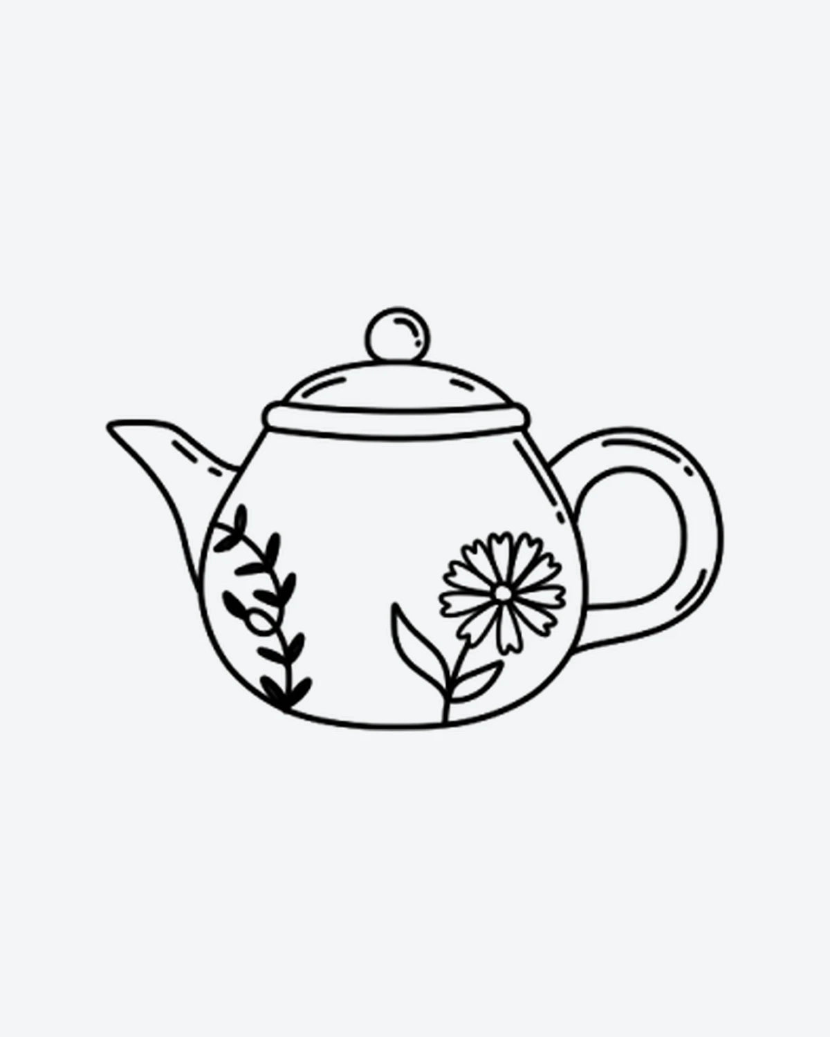 Tea Time semi-permanent tattoo design by INKY – Fine Line, Flower, Vine, Petal illustration, 0.5 x 0.5 in (1x1 cm), available at inkytatt.com