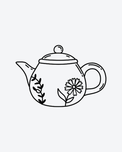 Tea Time semi-permanent tattoo design by INKY – Fine Line, Flower, Vine, Petal illustration, 0.5 x 0.5 in (1x1 cm), available at inkytatt.com