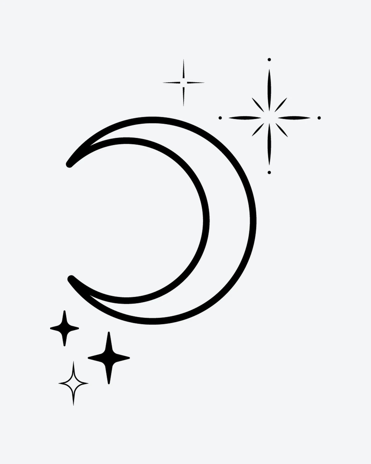 Celestial semi-permanent tattoo design by INKY – Crescent Moon, Fine Line, Star, Starburst illustration, 2 x 2 in (4x4 cm), available at inkytatt.com
