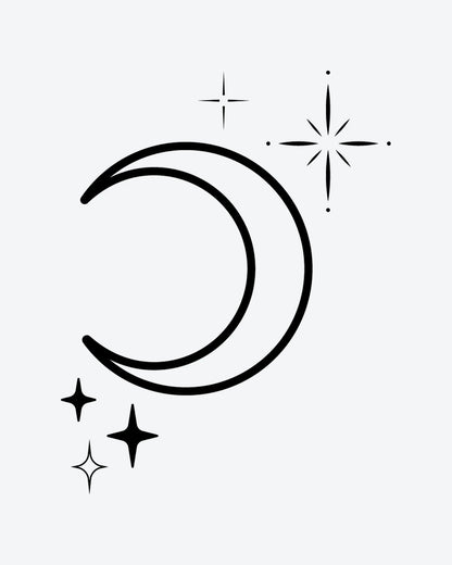 Celestial semi-permanent tattoo design by INKY – Crescent Moon, Fine Line, Star, Starburst illustration, 2 x 2 in (4x4 cm), available at inkytatt.com