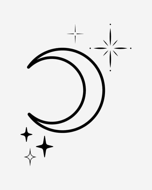 Celestial semi-permanent tattoo design by INKY – Crescent Moon, Fine Line, Star, Starburst illustration, 2 x 2 in (4x4 cm), available at inkytatt.com