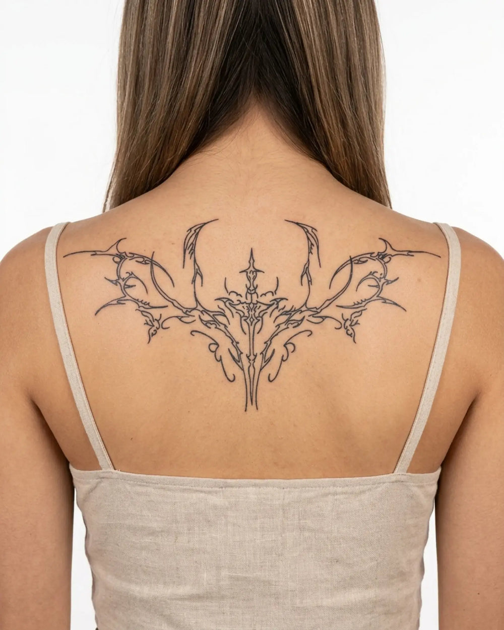 INKY Dark Crest semi-permanent tattoo applied on a woman – 4 x 8 in (11x20 cm) design, realistic ink look, lasts 10 days