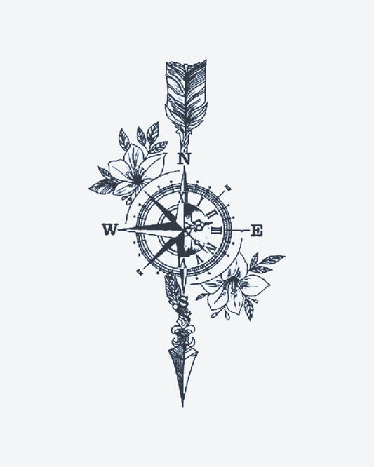 Wanderlust 3 semi-permanent tattoo design by INKY – Fine Line, Rose, Feather, Arrow, Compass illustration, 2 x 4 in (6x10 cm), available at inkytatt.com