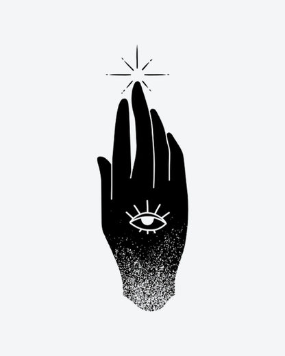 Magic Touch semi-permanent tattoo design by INKY – Star, Eye, Hand illustration, 2 x 2 in (4x4 cm), available at inkytatt.com