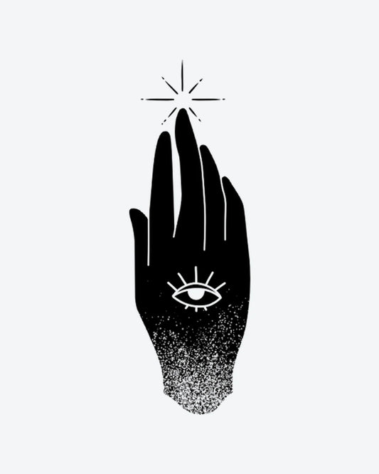 Magic Touch semi-permanent tattoo design by INKY – Star, Eye, Hand illustration, 2 x 2 in (4x4 cm), available at inkytatt.com