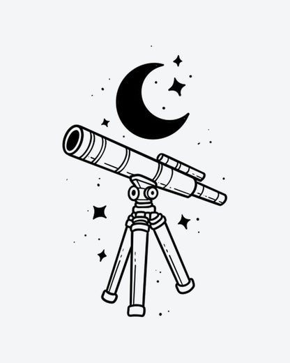 Star Gazer semi-permanent tattoo design by INKY – Crescent Moon, Line Art, Star, Dots illustration, 2 x 2 in (4x4 cm), available at inkytatt.com