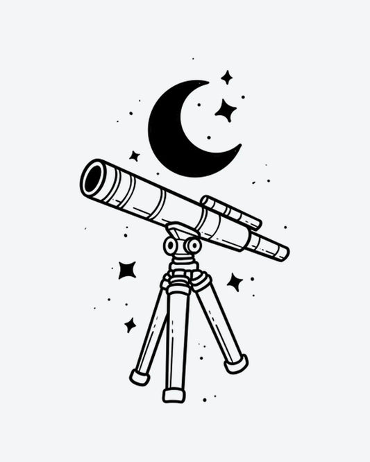 Star Gazer semi-permanent tattoo design by INKY – Crescent Moon, Line Art, Star, Dots illustration, 2 x 2 in (4x4 cm), available at inkytatt.com