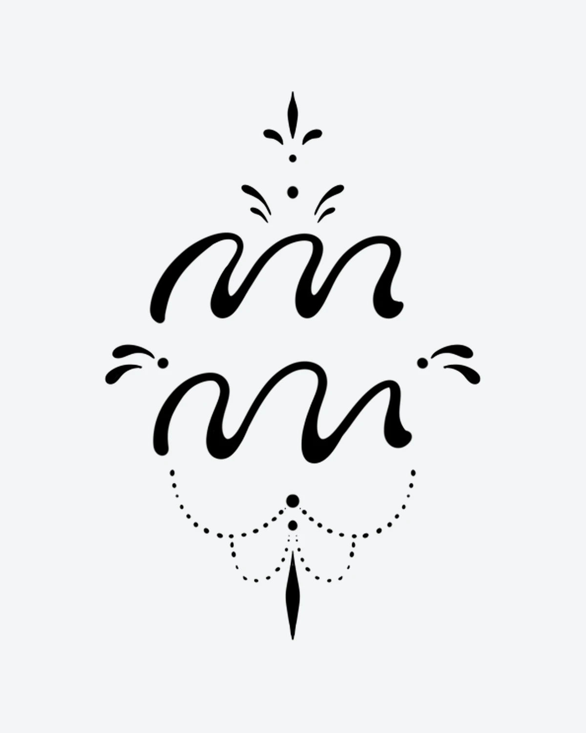 Aquarian semi-permanent tattoo design by INKY – Dots, Lines, Pattern, Scroll, Aquarius illustration, 2 x 2 in (4x4 cm), available at inkytatt.com
