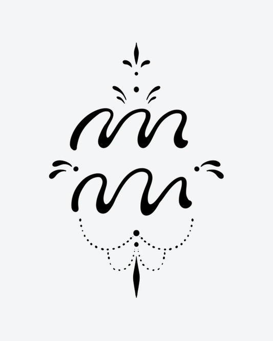 Aquarian semi-permanent tattoo design by INKY – Dots, Lines, Pattern, Scroll, Aquarius illustration, 2 x 2 in (4x4 cm), available at inkytatt.com
