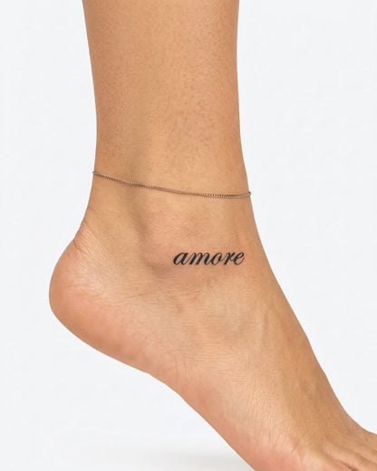 INKY Amore Script semi-permanent tattoo applied on a woman – 2 x 2 in (4x4 cm) design, realistic ink look, lasts 10 days