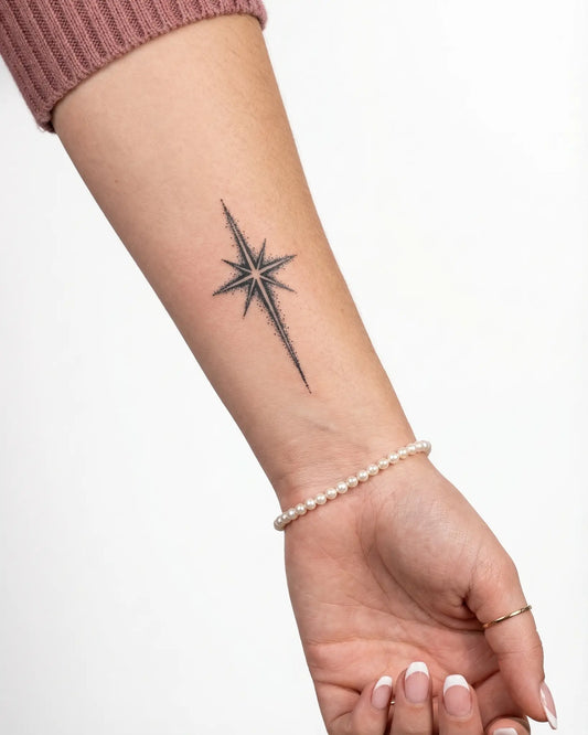 INKY Starlight semi-permanent tattoo applied on a woman – 2 x 4 in (6x10 cm) design, realistic ink look, lasts 10 days