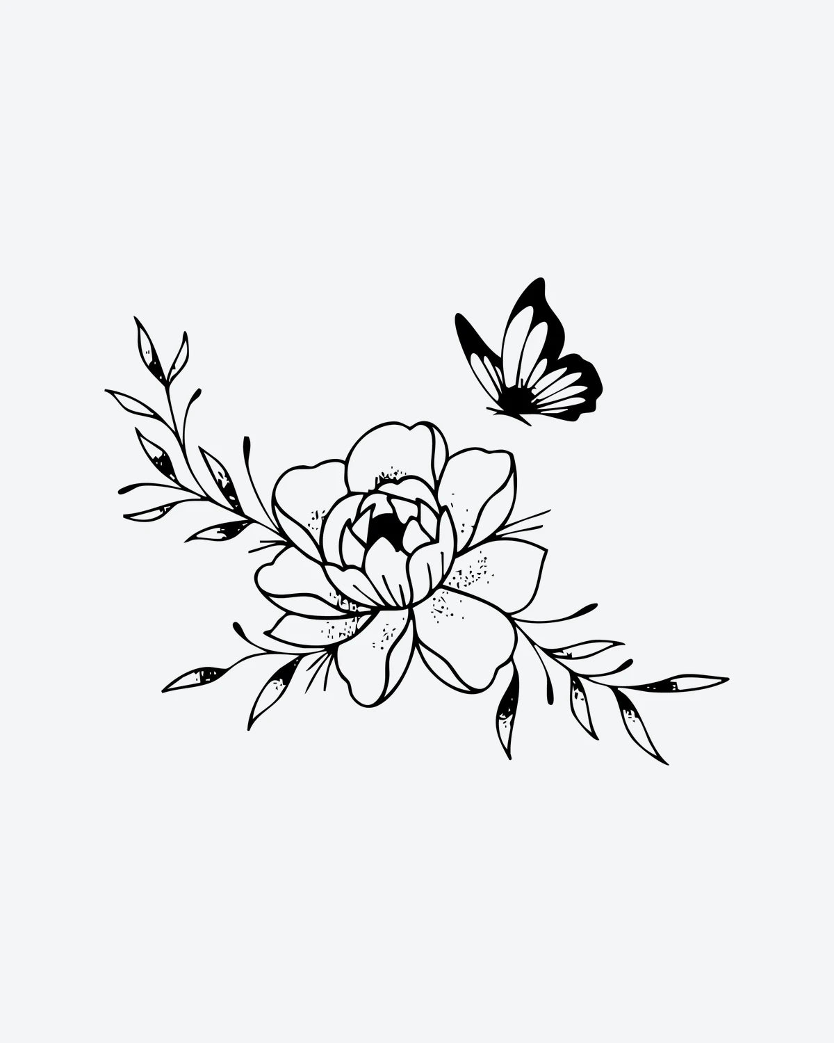 Flora & Fly semi-permanent tattoo design by INKY – Fine Line, Flower, Butterfly, Peony, Dotwork illustration, 3 x 3 in (7x7 cm), available at inkytatt.com