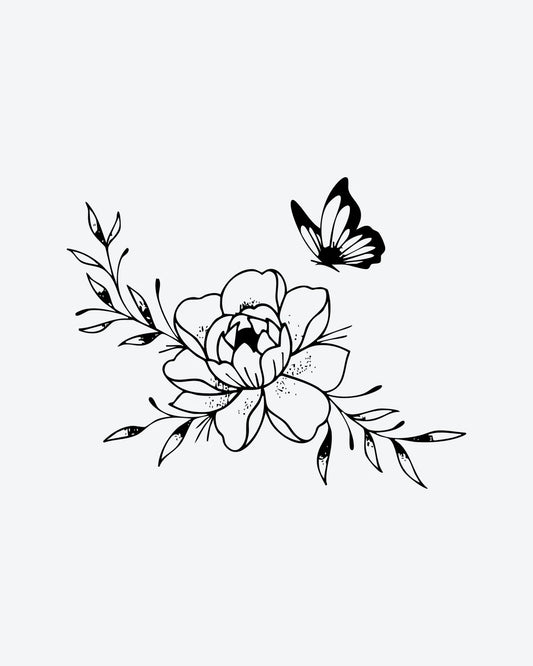 Flora & Fly semi-permanent tattoo design by INKY – Fine Line, Flower, Butterfly, Peony, Dotwork illustration, 3 x 3 in (7x7 cm), available at inkytatt.com