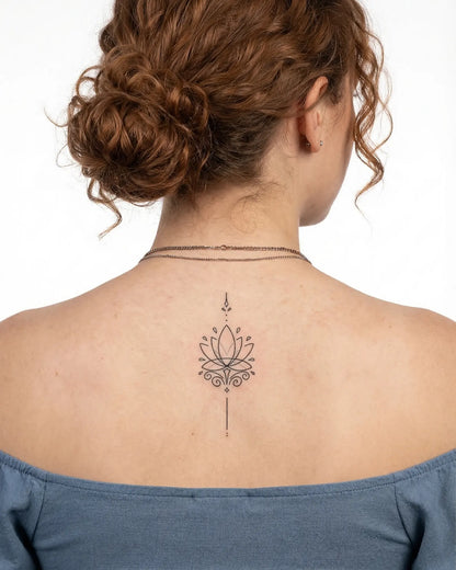 INKY Sacred Lotus semi-permanent tattoo applied on a woman – 2 x 4 in (6x10 cm) design, realistic ink look, lasts 10 days