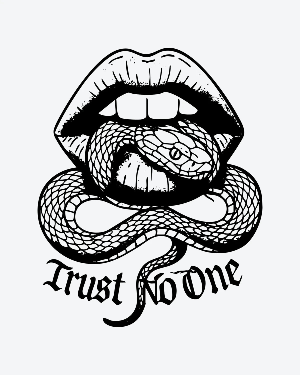 Trust No One semi-permanent tattoo design by INKY – Snake illustration, 3 x 4 in (7x10 cm), available at inkytatt.com