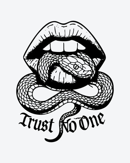 Trust No One semi-permanent tattoo design by INKY – Snake illustration, 3 x 4 in (7x10 cm), available at inkytatt.com