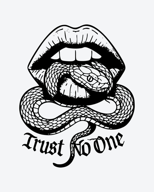 Trust No One semi-permanent tattoo design by INKY – Snake illustration, 3 x 4 in (7x10 cm), available at inkytatt.com