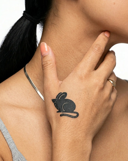 INKY Mouse Icon semi-permanent tattoo applied on a woman – 2 x 2 in (4x4 cm) design, realistic ink look, lasts 10 days
