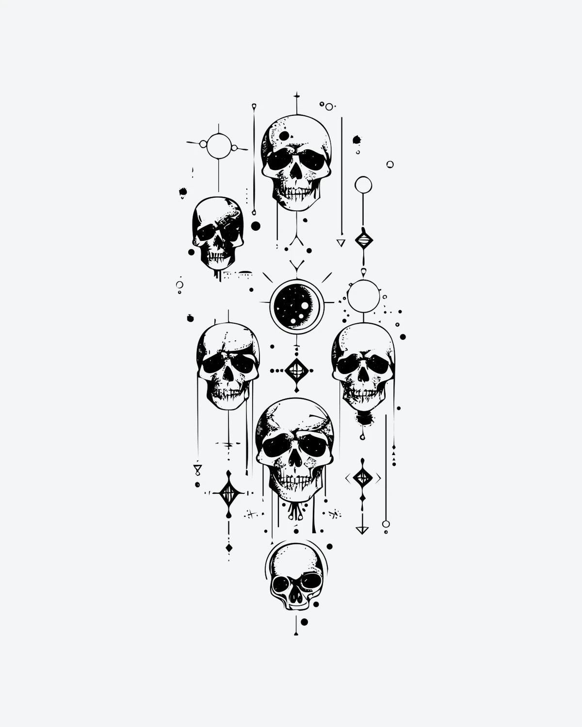 Cosmic Skulls semi-permanent tattoo design by INKY – Fine Line, Moon, Planet, Diamond, Skull illustration, 4 x 7 in (10x17 cm), available at inkytatt.com