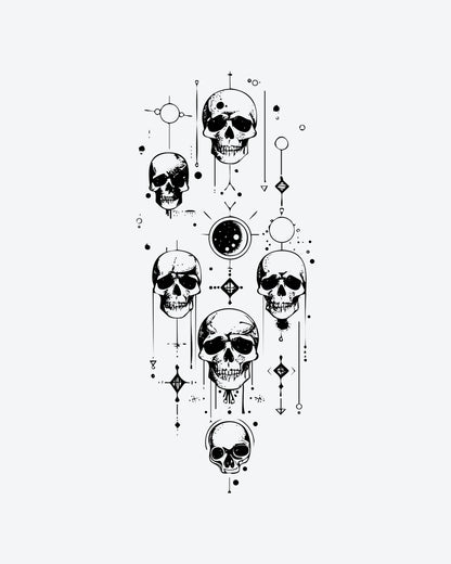 Cosmic Skulls semi-permanent tattoo design by INKY – Fine Line, Moon, Planet, Diamond, Skull illustration, 4 x 7 in (10x17 cm), available at inkytatt.com